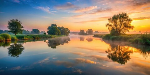 Fototapeta premium Serene river landscape at dawn, landscape, reflection, landscape, reflection, dawn