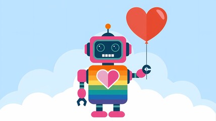 Flat Art Robot with Rainbow Body and Heart-Shaped Balloon on Cloudy Sky Background