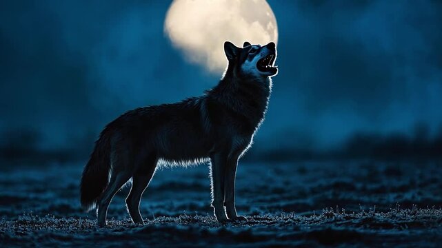 Wolf Howling at the Moon: Majestic silhouette of a lone wolf howling under a full moon, evoking a sense of wilderness, mystery, and freedom.  