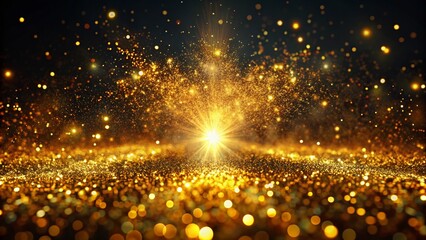 Naklejka premium Golden Particles Surge in Warm Light Against Black Background - Radiant Abstract Art