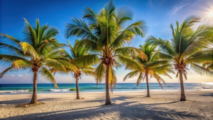 Obraz premium Palm trees swaying gently in the warm breeze on a sunny Mexican beach at summer , palm grove