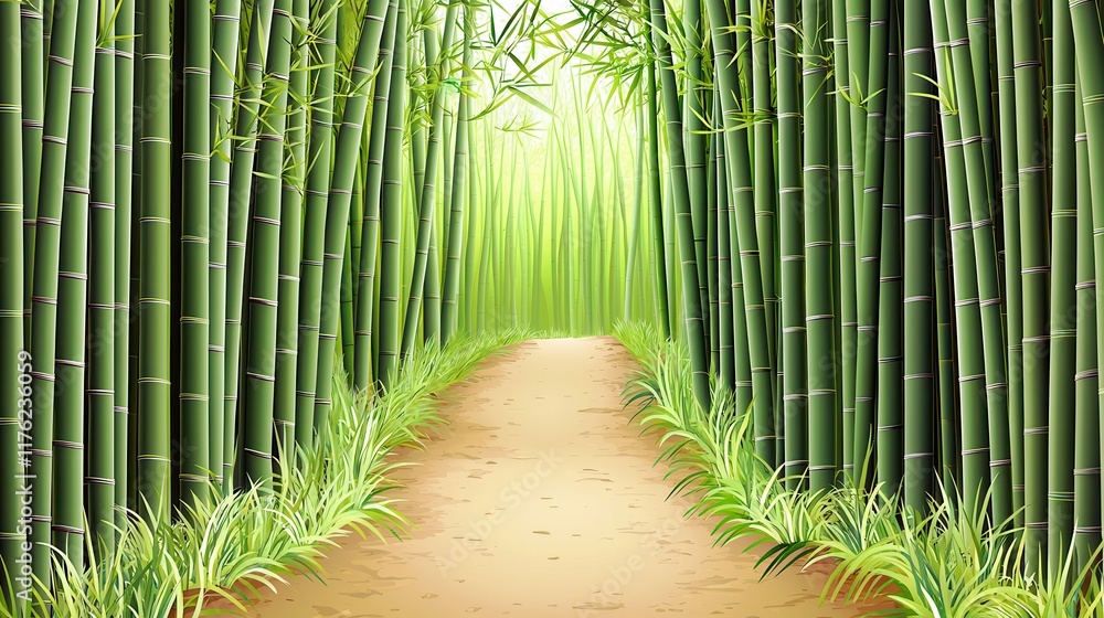 Poster serene bamboo forest pathway leading into lush greenery with soft light and natural vibes for calm a
