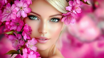 Naklejka premium Beautiful woman surrounded by pink cherry blossoms, showcasing stunning blue eyes and soft makeup in a colorful floral background with vibrant hues.