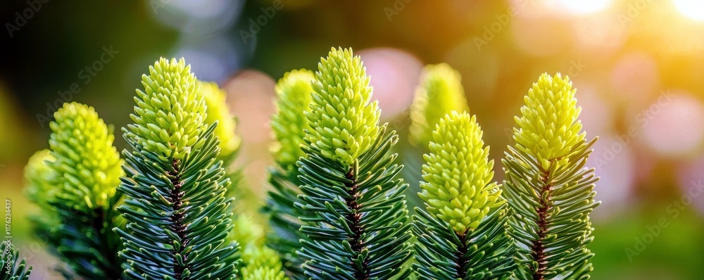 Poster vibrant green pine cones sprouting on evergreen branches in soft natural light with a warm bokeh bac