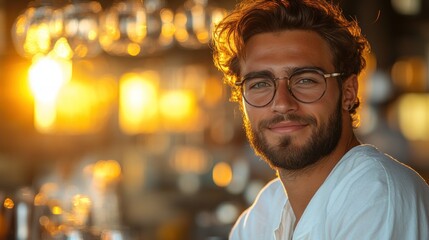 Obraz premium A smiling young man with glasses in a warm, sunset-lit bar setting.