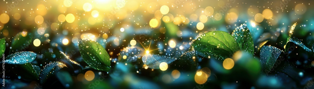 Poster dewy leaves glimmer in sunlight with sparkling bokeh background creating a serene and magical atmosp