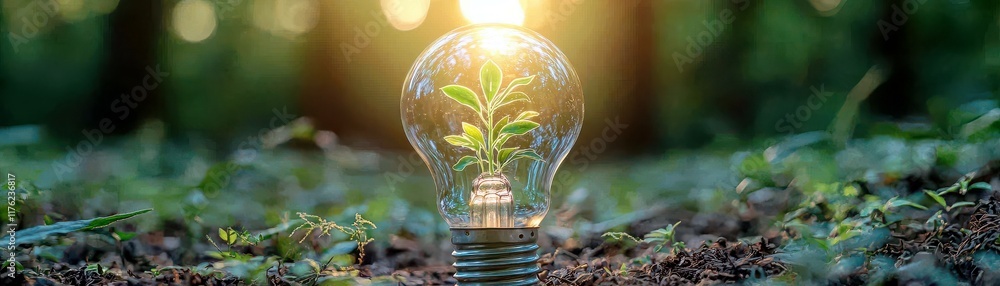 Poster light bulb with green plant inside illuminated by sunlight in forest setting symbolizing environment