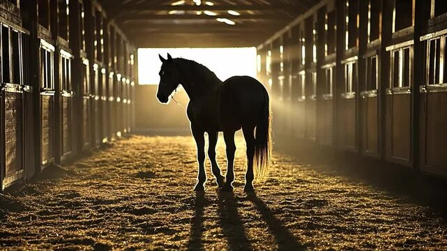Horse in the Stable:  A majestic black horse stands silhouetted in a rustic stable, bathed in the warm glow of the morning sun, creating a serene and contemplative atmosphere.
