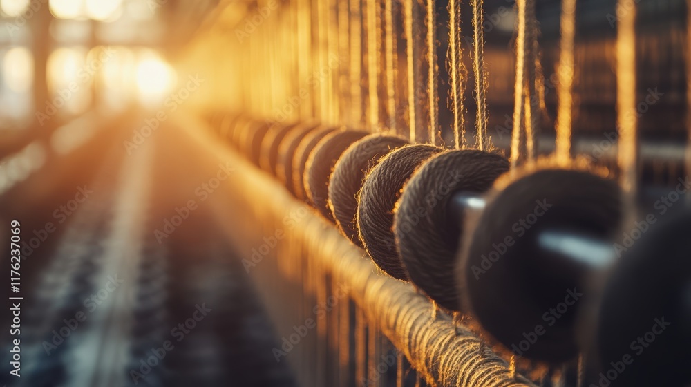 Aufkleber close-up of textured yarn spools in soft sunset light creating a warm atmosphere for crafting and te