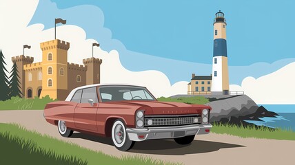 Flat Art Vintage Car, Castle, and Lighthouse Scene by the Sea