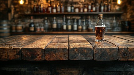 Rustic Wooden Bar Top With Small Bottle Of Whiskey