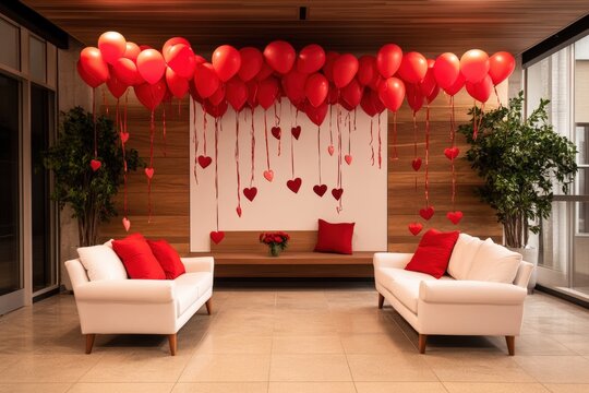 Elegant lounge decor with red balloons and heart accents