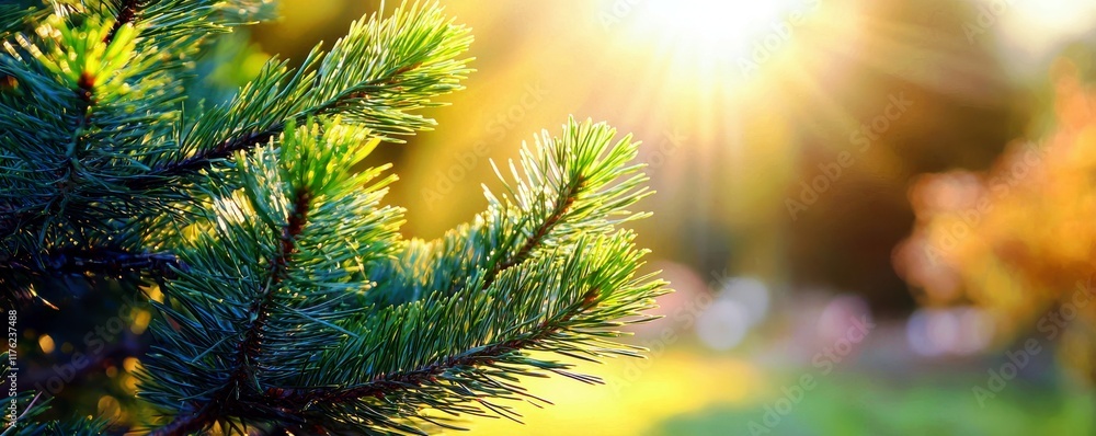 Poster close-up view of pine tree branches illuminated by golden sunlight in scenic natural setting with bl