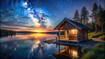 Fototapeta premium A serene wooden sauna cottage stands alone under a canopy of stars in the midnight sun near a tranquil lake