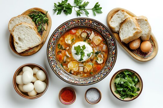 Top view of a bowl of solyanka soup, a traditional russian dish, served with sour cream, bread, eggs, parsley, salt, and paprika