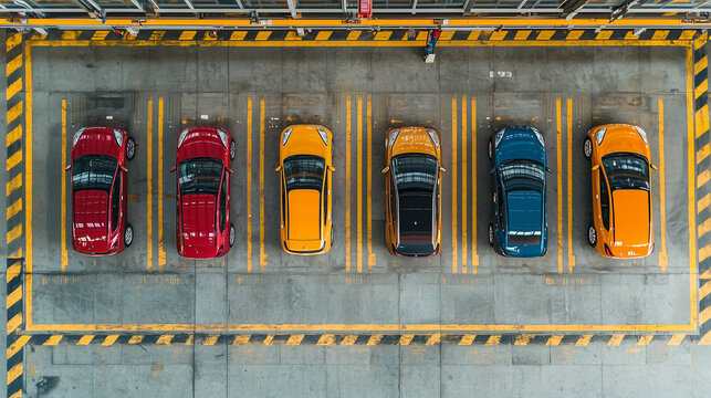 Top-down view of neatly parked red, yellow, and blue cars in parking lot with striped markings