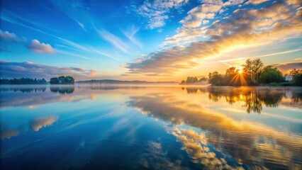 A serene lake at sunrise with misty clouds and a blue sky background, mist, calm,  mist, calm, sunrise, lake, morning