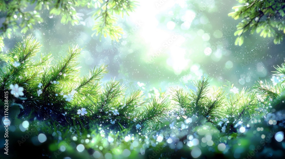 Poster lush green nature background with soft focus and sunlight filtering through leaves creating a serene