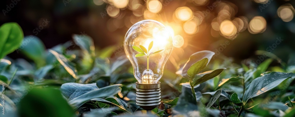Poster light bulb with sprouting plant inside illuminated by sunlight in a natural setting surrounded by le