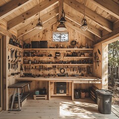 A well-organized wooden workshop with various tools and equipment, bathed in natural sunlight streaming through a window.