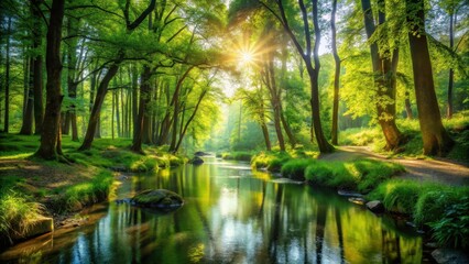 Obraz premium Serene forest landscape with a meandering brook and vibrant sunlight filtering through towering trees, showcasing lush greenery and dappled shade , forest scenery, brook