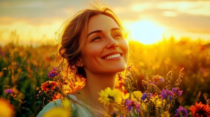 Naklejka premium Woman Smiling in a Flower Field During Sunset, Radiating Joy and Positivity Amidst Vibrant Blooms and Warm Golden Light in Nature's Beauty