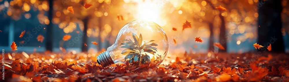 Poster light bulb with plant inside in autumn landscape surrounded by falling leaves and warm sunlight in b