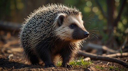 Fototapeta premium Close-up of a hedgehog walking on forest floor.