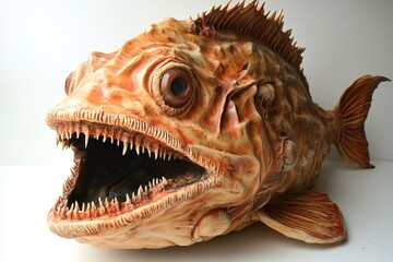 Fototapeta premium Detailed sculpture of a fearsome fish, textured and lifelike. Perfect for illustrating fantasy, horror, or marine biology themes.
