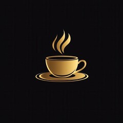 Obraz premium Golden coffee cup and saucer with steam on dark background. (2)