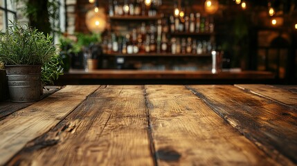 Rustic Wooden Tabletop with Blurred Bar Background