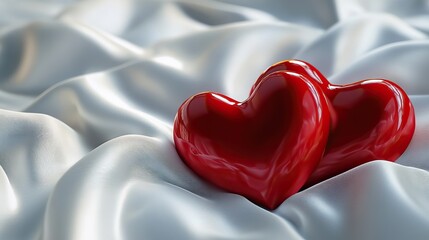 3D illustration of two red hearts on a smooth white silk cloth against a sleek gray background, symbolizing love and romance. Perfect for Valentine's Day, weddings, and romantic-themed projects.
