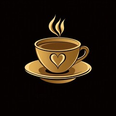 Obraz premium Golden coffee cup with heart design on saucer, steam rising.