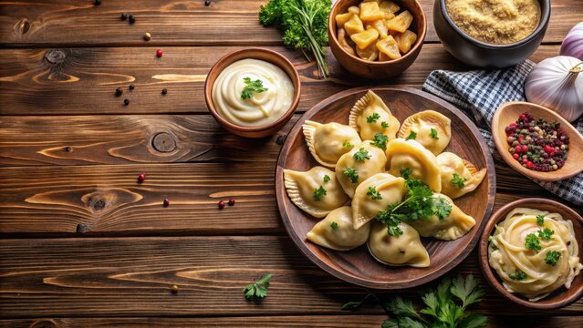 Traditional Polish food on wooden table, zapiekanka, pierogi,  zapiekanka, pierogi, traditional