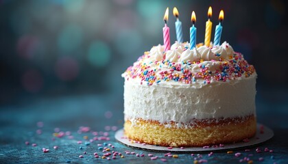 Delicious birthday cake with lit candles, colorful sprinkles, and creamy frosting. Perfect for celebrating birthdays, parties, or any joyful occasion.