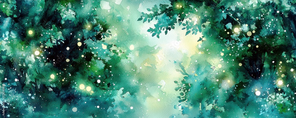 Aufkleber enchanting green forest background with soft bokeh lights and abstract watercolor texture for artist