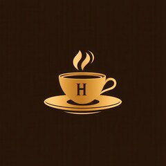Obraz premium Golden coffee cup with letter H, steam, saucer.