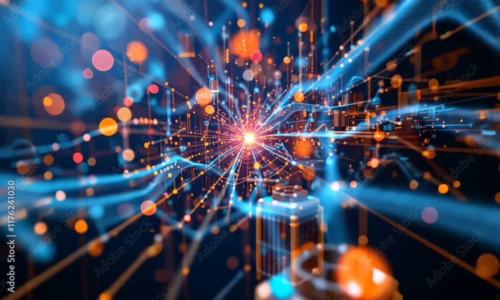 Poster abstract digital data network with glowing nodes and lines.