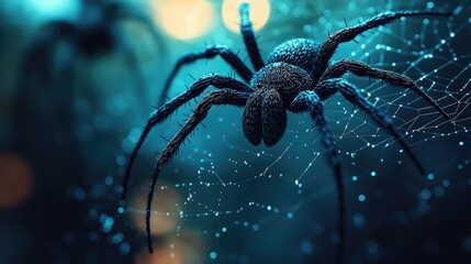 Close-up of a hairy spider on its web, glistening with dew. Perfect for Halloween, nature, or creepy themes.