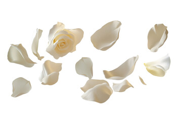 Tropical white rose flower petals falling in the air, beautiful floral levitation isolated on transparent background