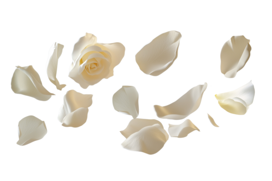 Tropical white rose flower petals falling in the air, beautiful floral levitation isolated on transparent background - Powered by Adobe