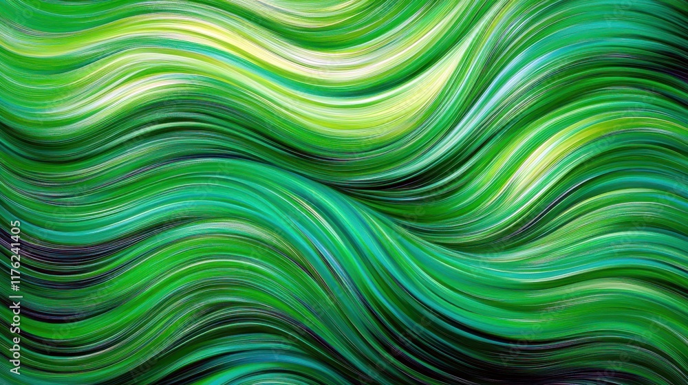 Poster vibrant abstract green waves with smooth textures and flowing patterns in various shades of green fo