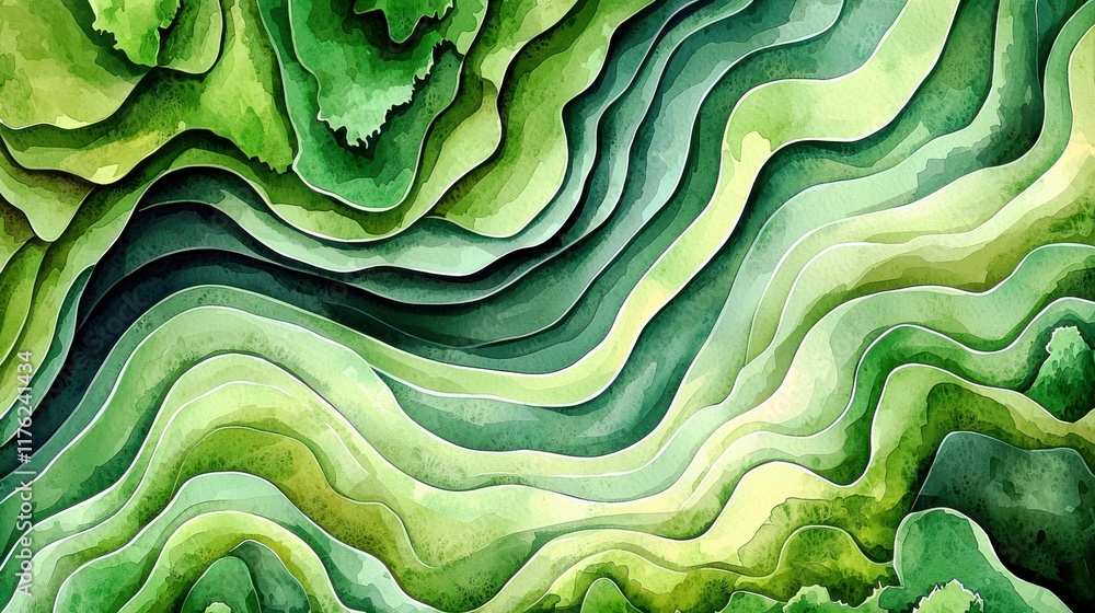 Poster abstract green landscape with layered curves and waves of greenery representing nature and organic f