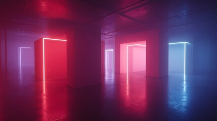 Neon Lit Abstract Room With Glowing Doorways