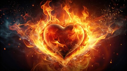 A burning heart surrounded by flames and sparks, with a fierce glow emanating from within , flames, passion
