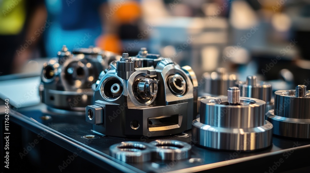 Poster close-up view of industrial engine components showcasing precision engineering and assembly with shi