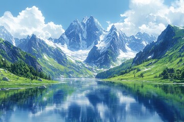 Stunning mountain lake reflecting peaks. Ideal for travel, nature, or serenity themes.