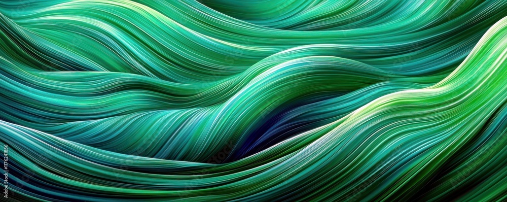 Poster flowing abstract waves in vibrant green tones with smooth gradients creating an artistic and dynamic