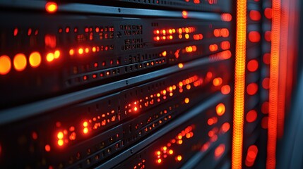Fototapeta premium A close-up of illuminated server racks, showcasing data processing and storage technology.