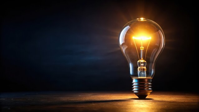 A single light bulb illuminates a darkened black background, casting an ethereal glow over the surrounding space , abstract, black background